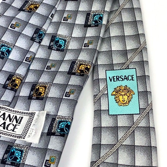 GIANNI VERSACE Vintage 90s Tie Baroque Flower Medusa Grey Squares Plaid Necktie - Picture 6 of 12